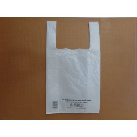 sacs plastique en 50µm, dimensions 30+7+7x54cm (colis de 400)  conforme à la loi N°2015-992 du 17 Aout 2015, blanc