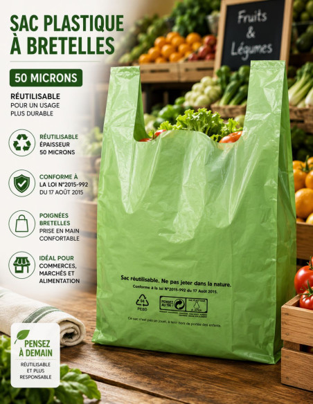 sacs bretelles, plastique 50µm, 26x6+6x45cm ,conforme à la loi N°2015-992