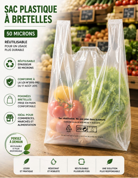 sacs bretelles, plastique 50µm, 26x6+6x45cm ,conforme à la loi N°2015-992